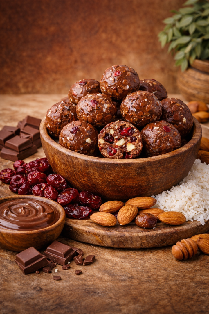 MOMO CHOCOMILK Protein Balls: Creamy Vegan, Cranberries & Almond Power